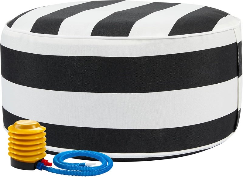 FUNHOME Inflatable Stool Ottoman Footrest with Handle, All Weather Footrest Seat with Foot Pump D20 xH9, Water Repellent Footstool Pouf for Home Patio Garden and Camping Use-Black White Stripe - Image 1
